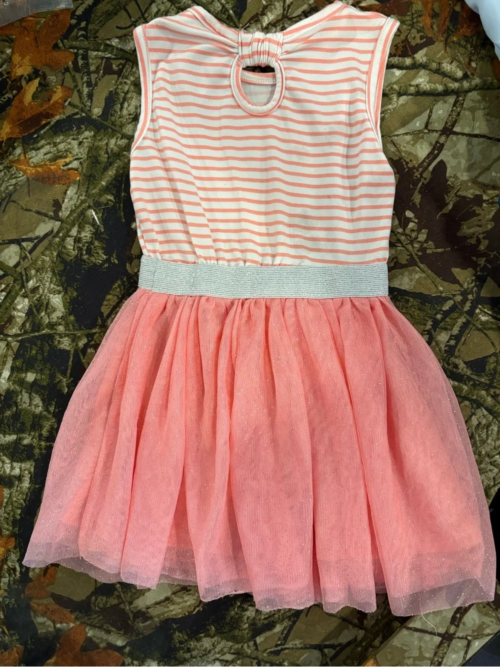 Little Lass Pink Coral Striped Floral Heart Tulle Dress